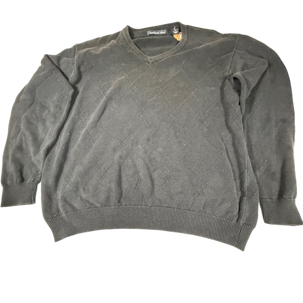 Northern Isles Men's L Black 100% Cotton V-Neck Diamond Argyle Knit Sweater